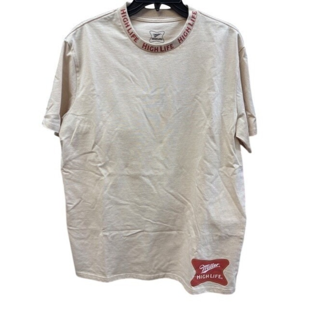 Miller High Life Mens Cream Graphic T-Shirt Logo‎ Collar Large